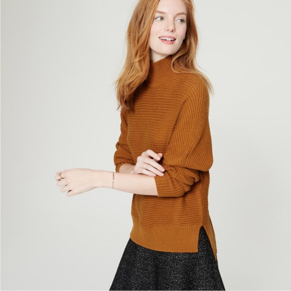 LOFT Tan Cowl Neck Sweater with Ribbed Texture